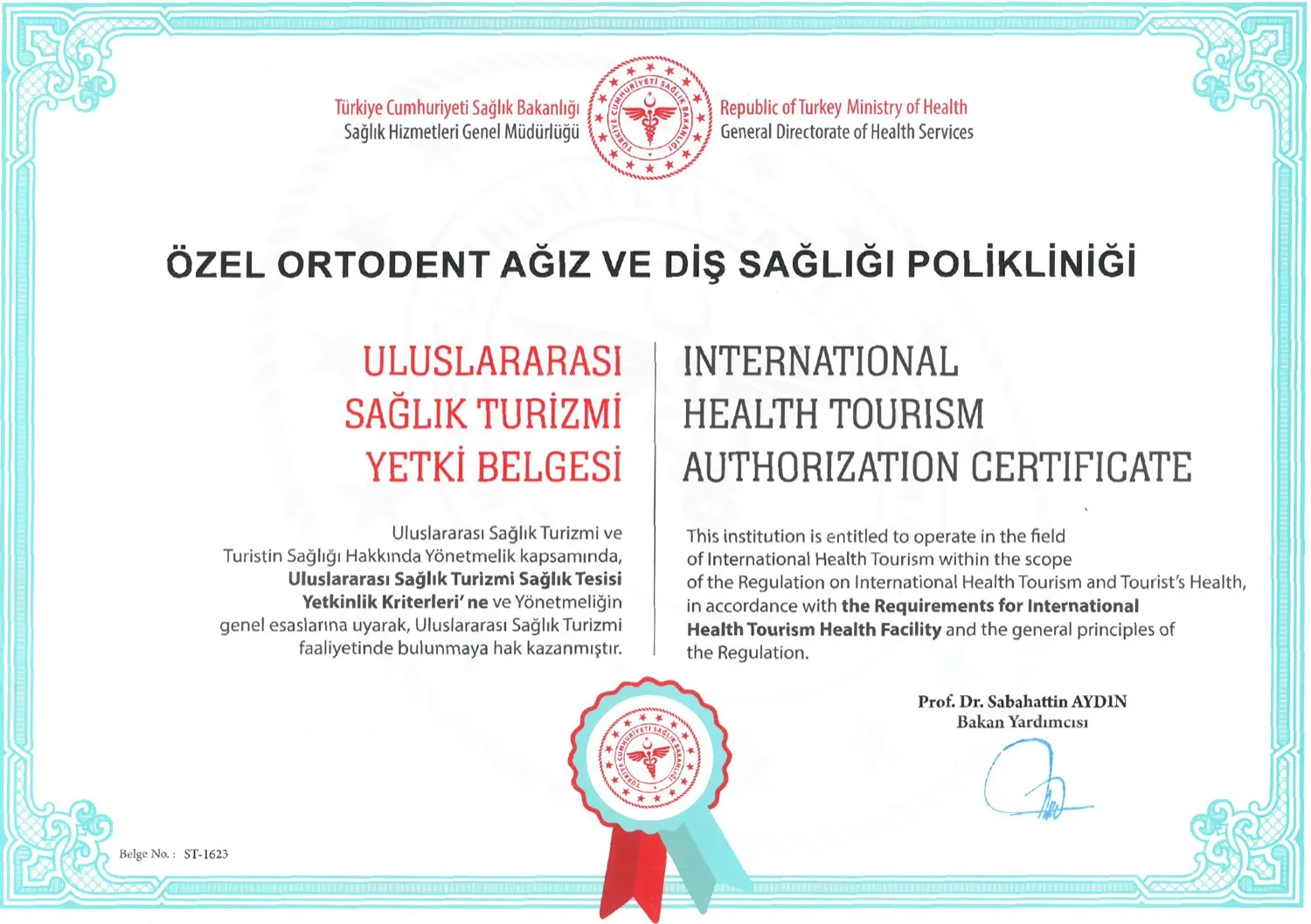 Ortodent Sağlık Turizmi Yetki Belgesi